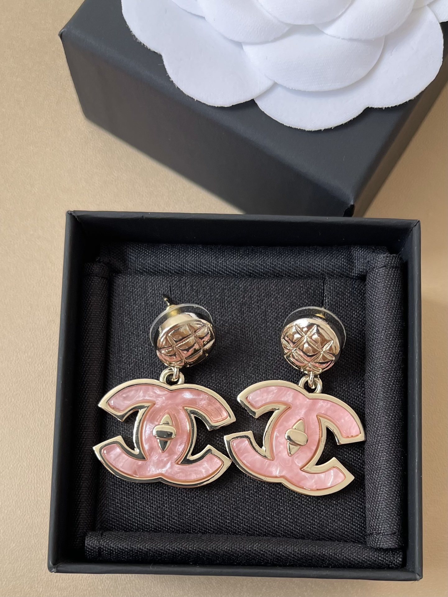 Luxury Pink Enamel CC Drop Earrings - Elegant Gold Quilted Studs