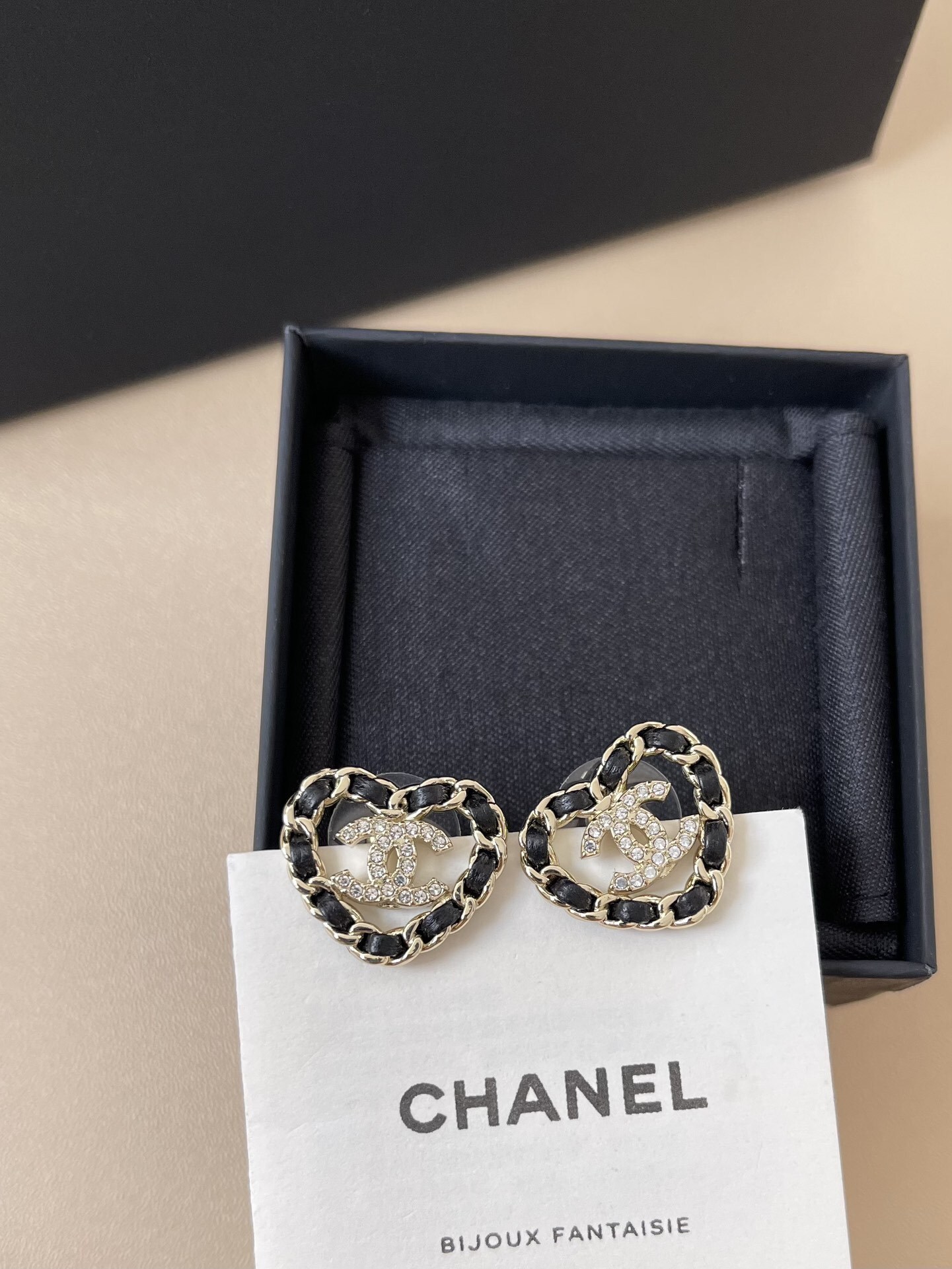 Elegant Heart-Shaped CC Logo Earrings with Gold and Black Leather