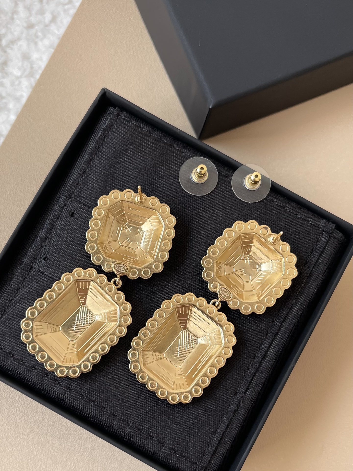 Chanel Gold-Tone Rhinestone Rectangular CC Logo Drop Earrings