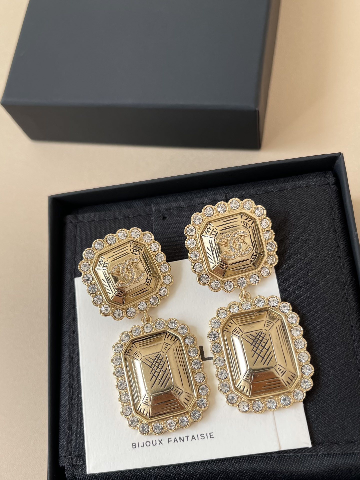 Chanel Gold-Tone Rhinestone Rectangular CC Logo Drop Earrings