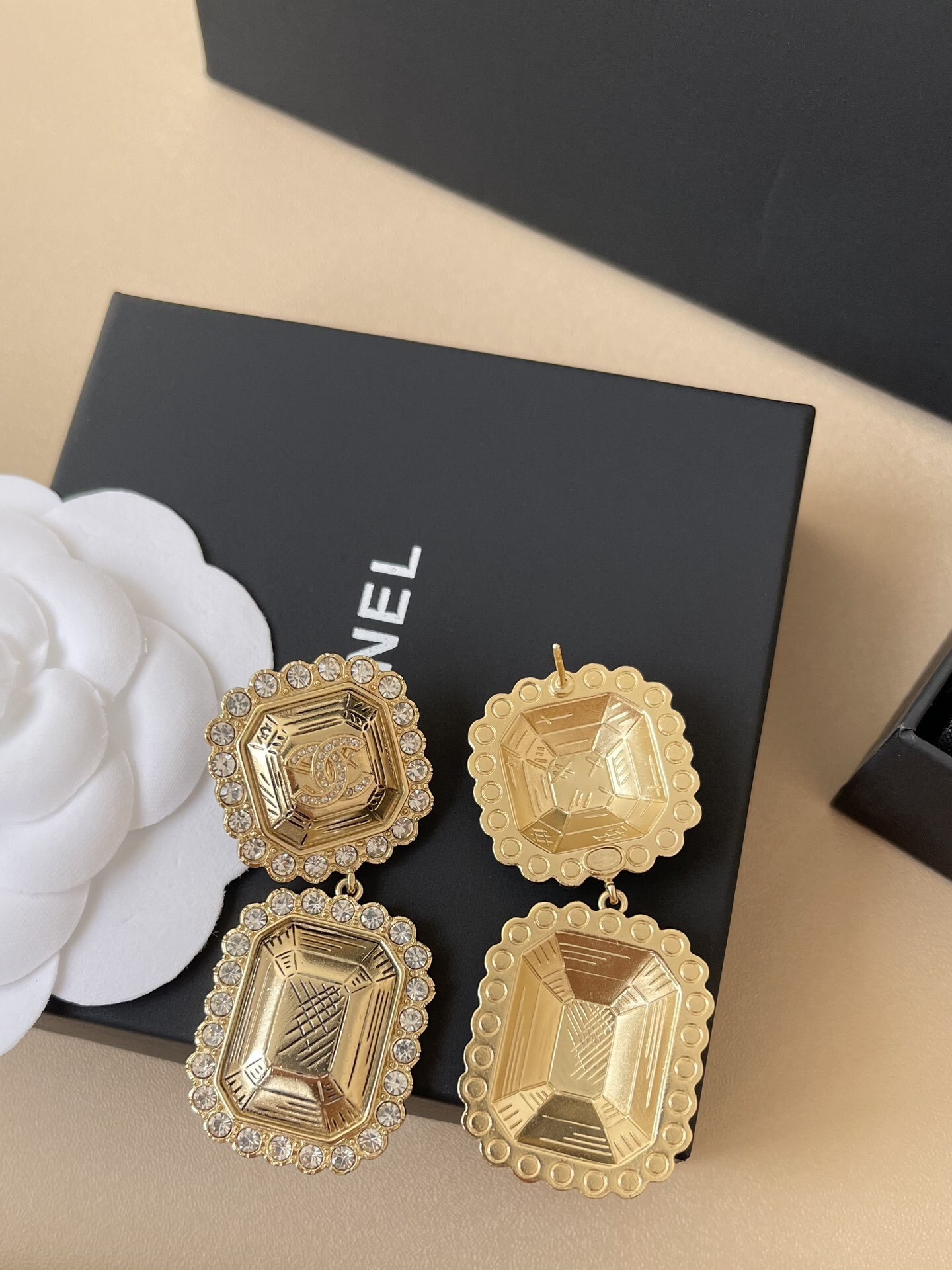 Chanel Gold-Tone Rhinestone Rectangular CC Logo Drop Earrings