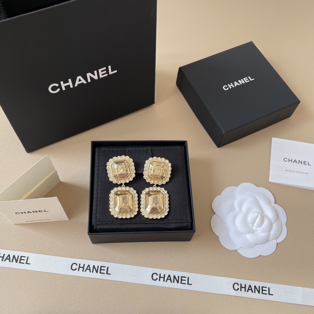 Chanel Gold-Tone Rhinestone Rectangular CC Logo Drop Earrings