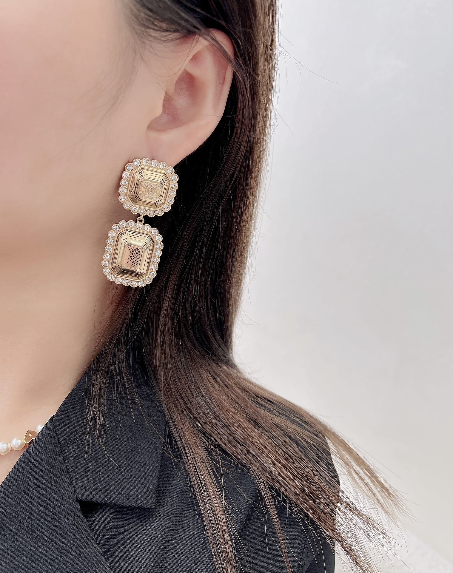 Chanel Gold-Tone Rhinestone Rectangular CC Logo Drop Earrings