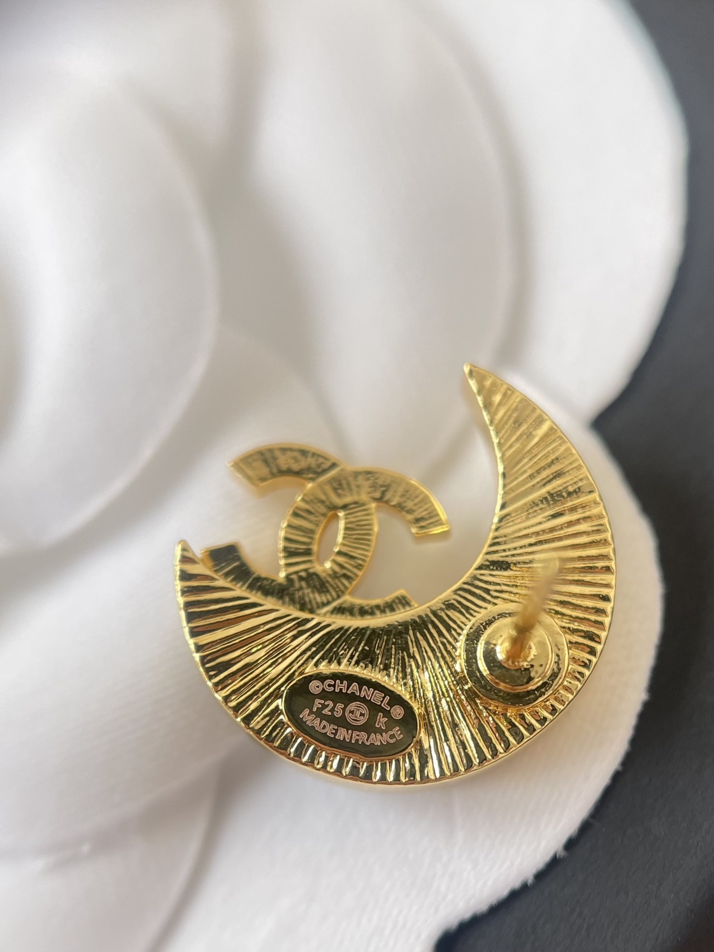 Luxury Crescent Moon Stud Earrings with Gold Logo and Crystals