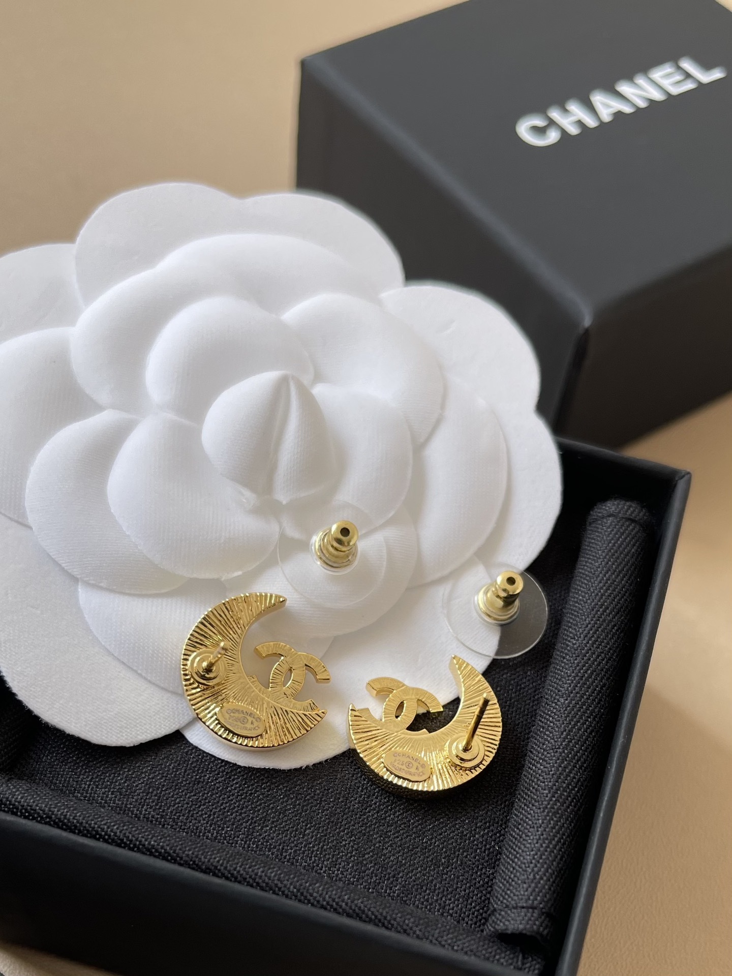 Luxury Crescent Moon Stud Earrings with Gold Logo and Crystals