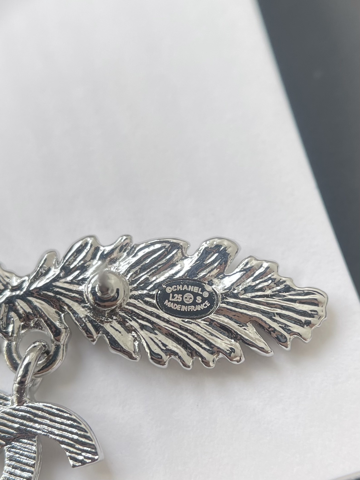 Premium Silver Feather CC Logo Crystal Drop Earrings