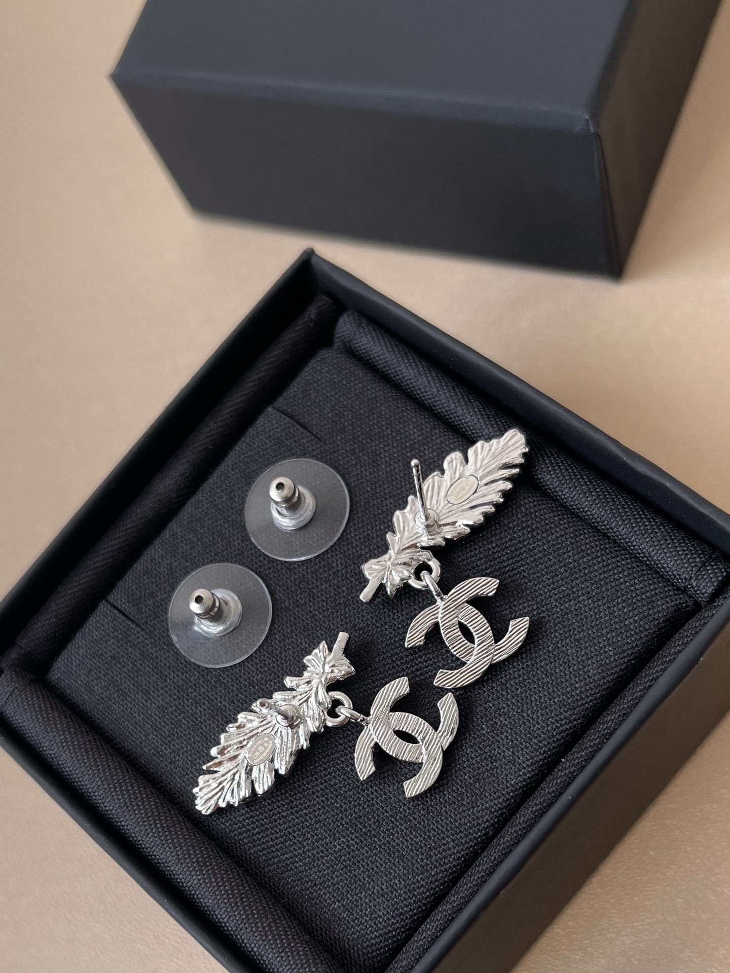 Premium Silver Feather CC Logo Crystal Drop Earrings