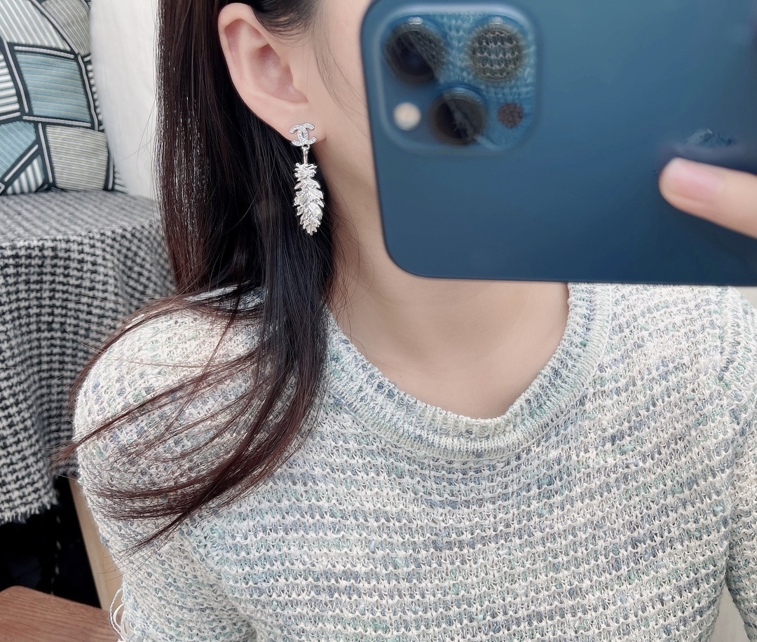 Chanel 2025 SS CC Logo Crystal Feather Pendant Drop Earrings
