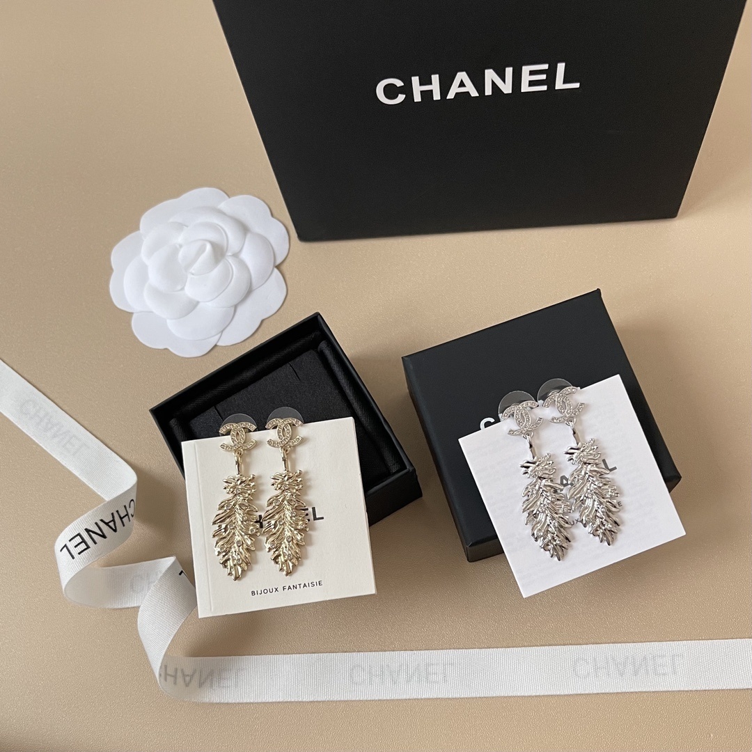 Chanel 2025 SS CC Logo Crystal Feather Pendant Drop Earrings