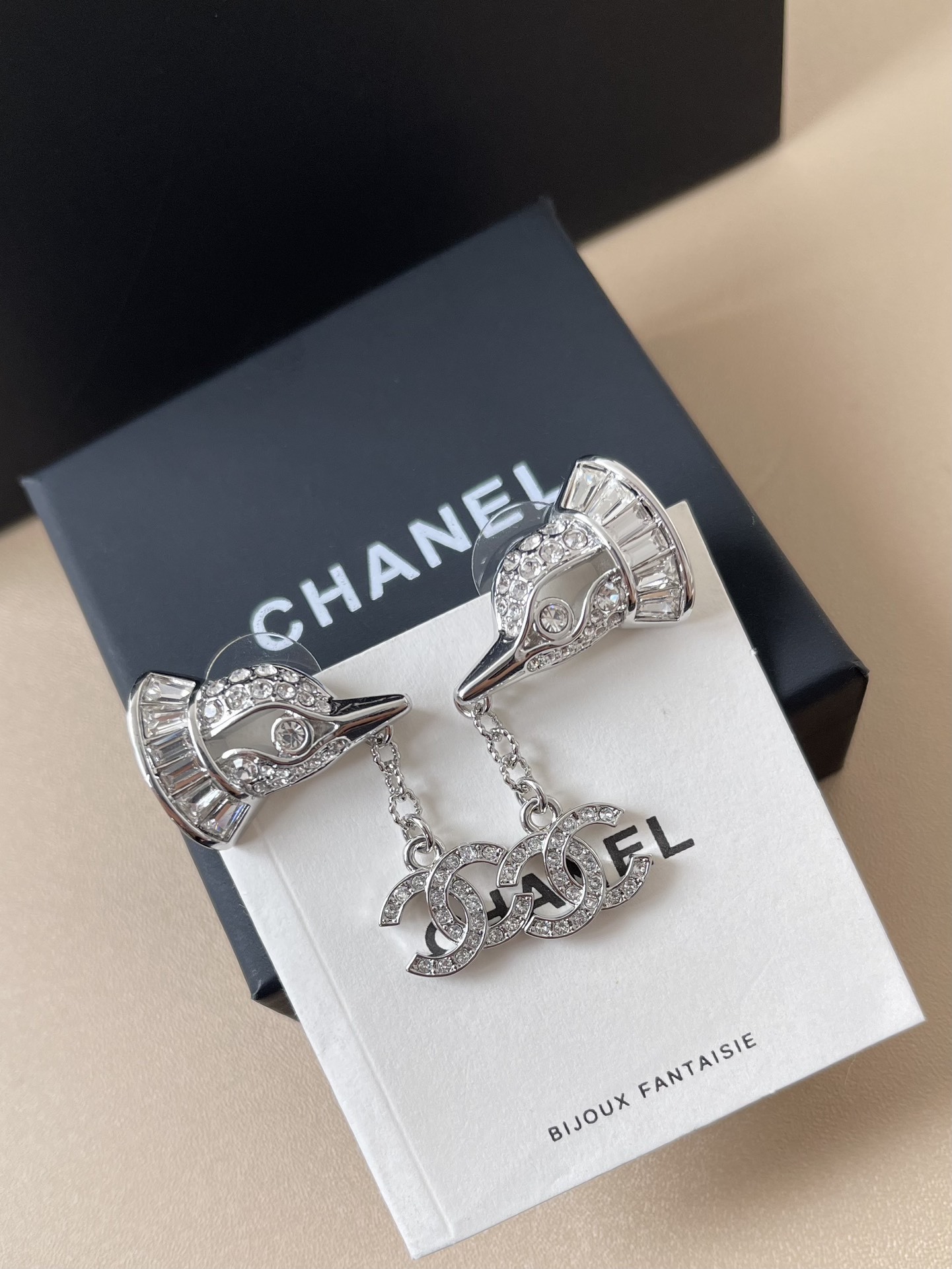 Chanel 2025 SS CC Logo Crystal Drop Earrings in Silver Metal
