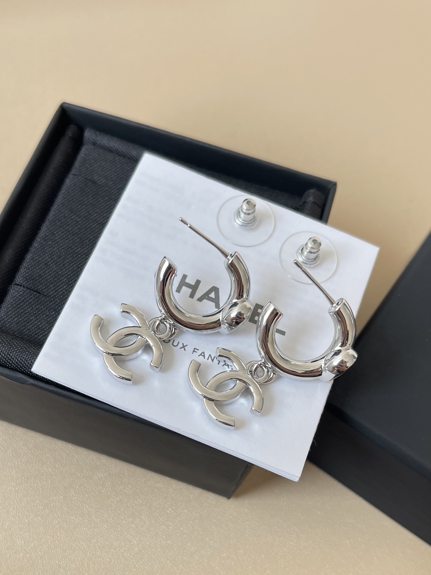 Chanel CC Logo Heart Hoop Earrings - Silver Crystal Dangle Jewelry