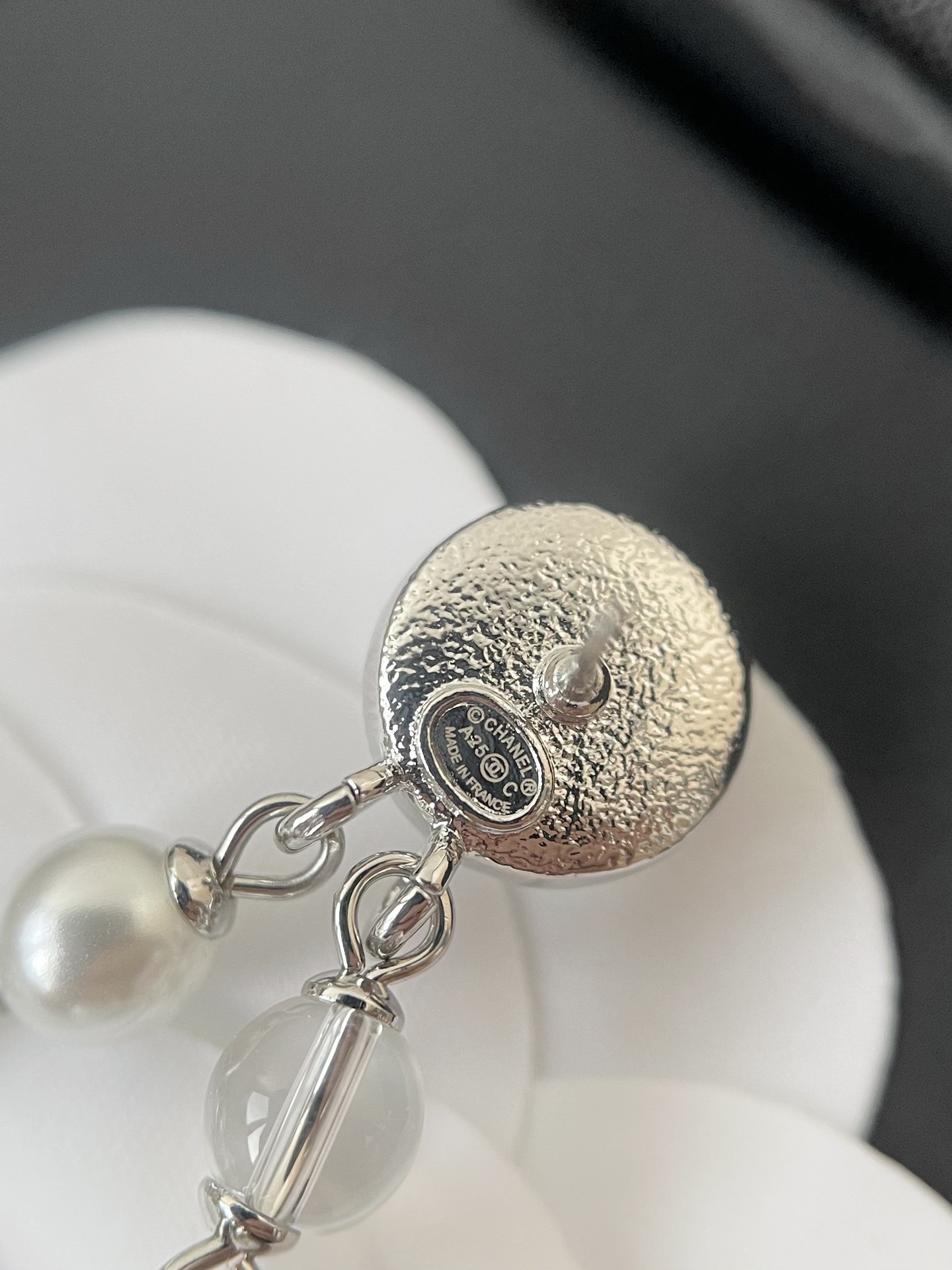 Chanel Drop Earrings Silver Pearly White Crystal CC Logo