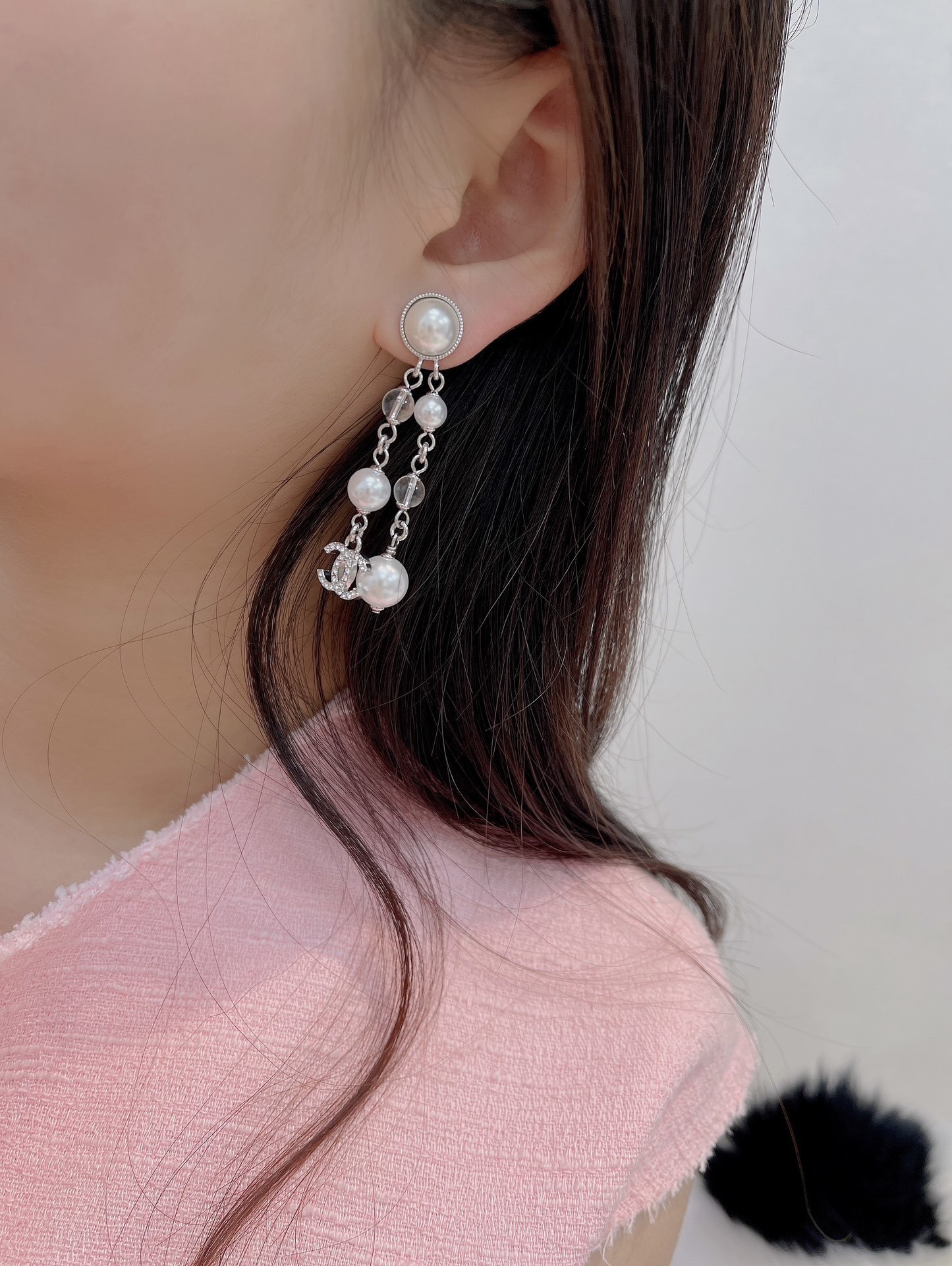 Chanel Drop Earrings Silver Pearly White Crystal CC Logo