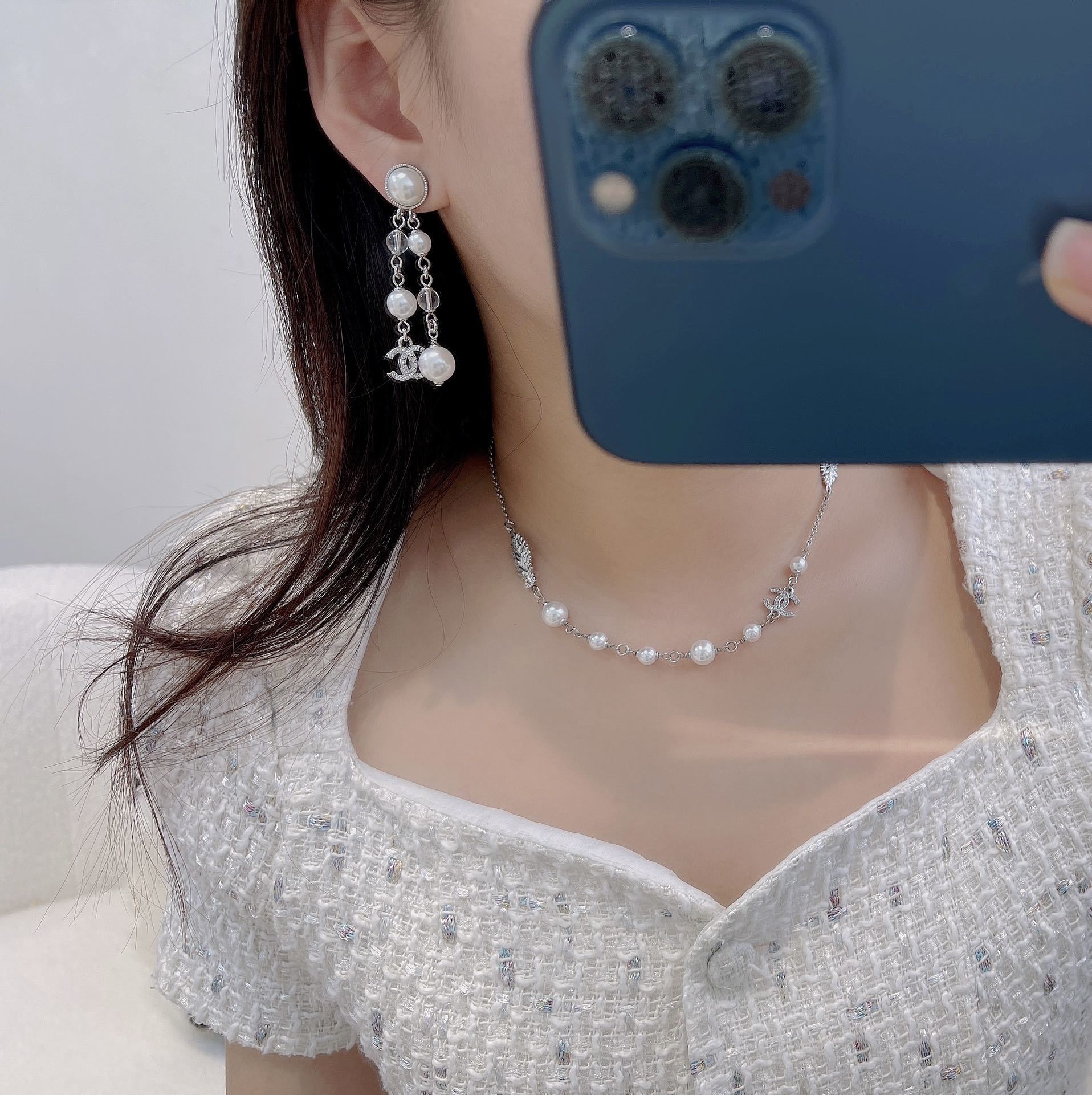 Chanel Drop Earrings Silver Pearly White Crystal CC Logo