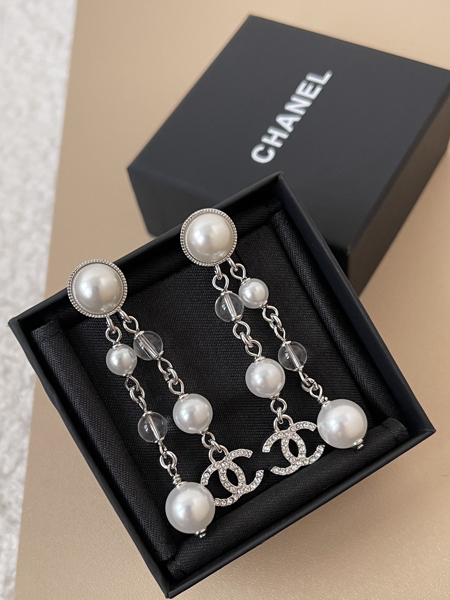 Chanel Drop Earrings Silver Pearly White Crystal CC Logo