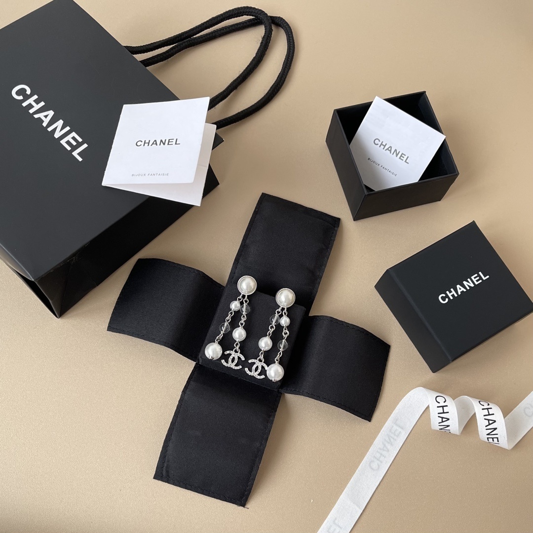 Chanel Drop Earrings Silver Pearly White Crystal CC Logo