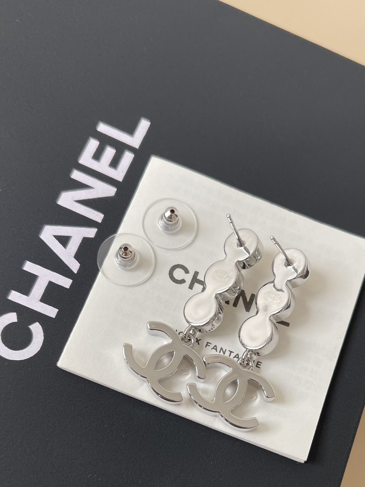 Chanel Silver CC Logo Drop Earrings with Crystals and Pearls