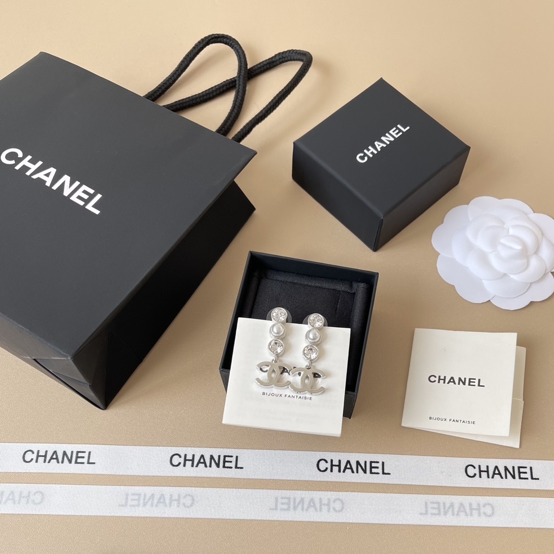 Chanel Silver CC Logo Drop Earrings with Crystals and Pearls