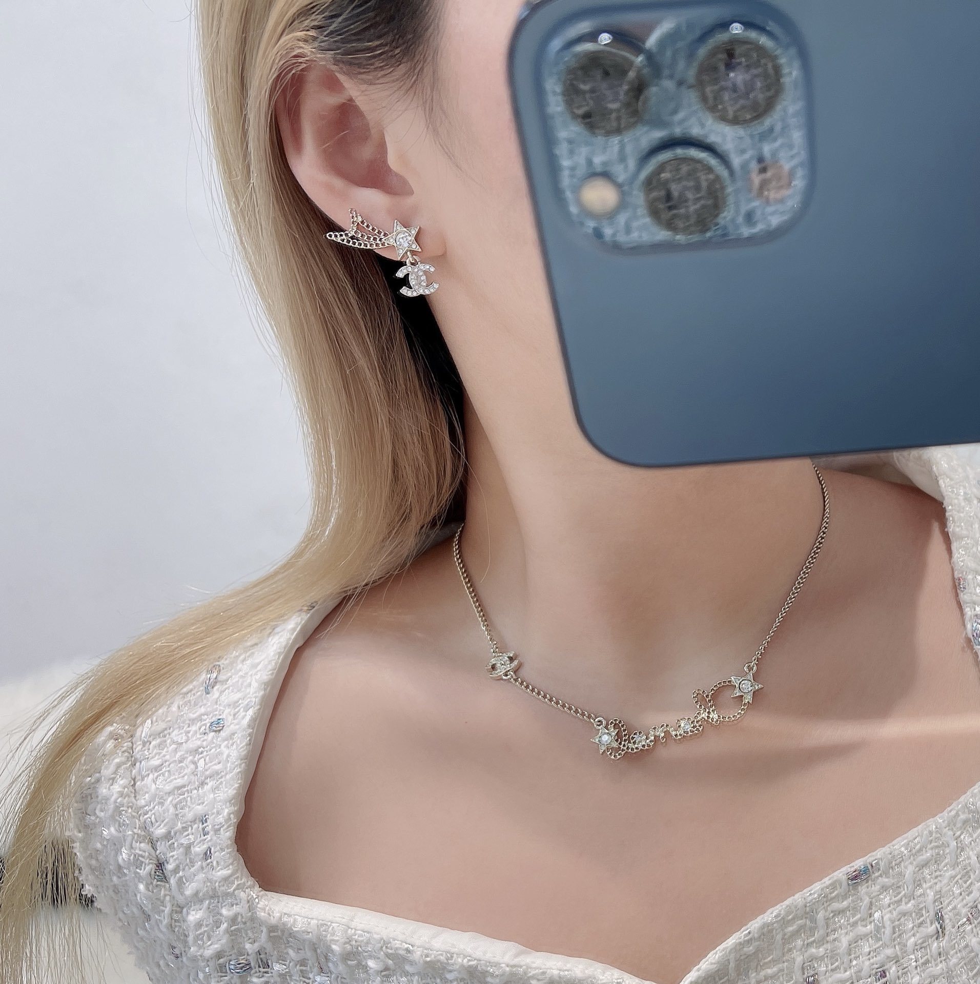 Chanel Gold Crystal Shooting Star & Double C Logo Dangle Earrings