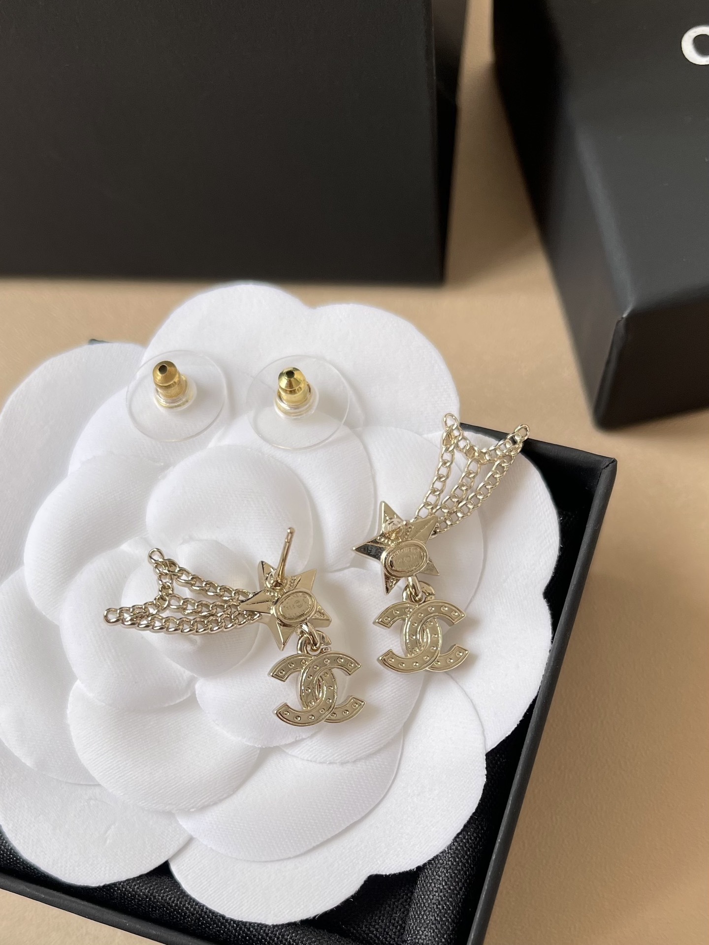 Chanel Gold Crystal Shooting Star & Double C Logo Dangle Earrings