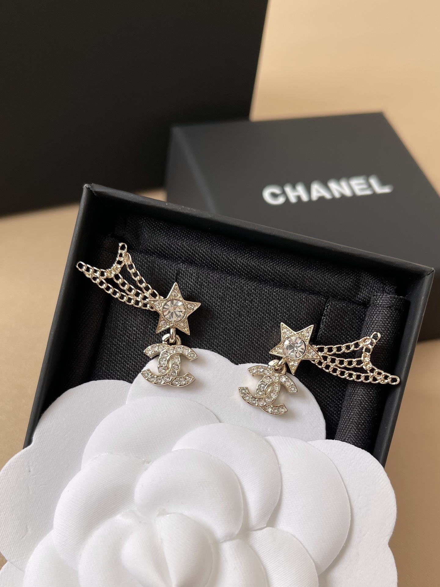 Chanel Gold Crystal Shooting Star & Double C Logo Dangle Earrings