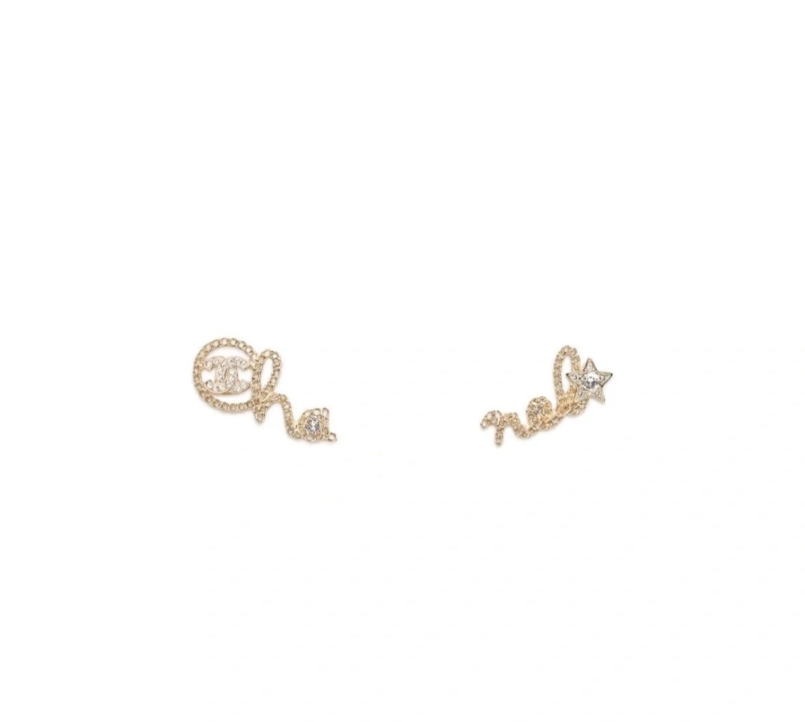 Chanel Gold-Tone Crystal Chain Script Earrings – Elegant Jewelry