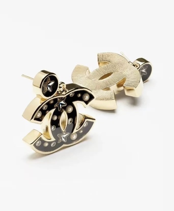 Luxury CC Logo Drop Earrings with Pearls and Stars - Black & Gold