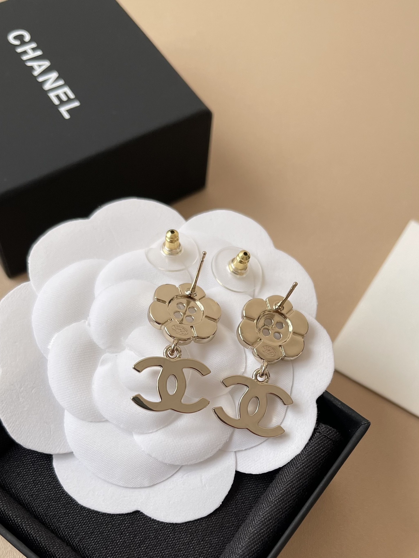 Chanel Flower Button & Crystal CC Pendant Earrings in Gold-Tone
