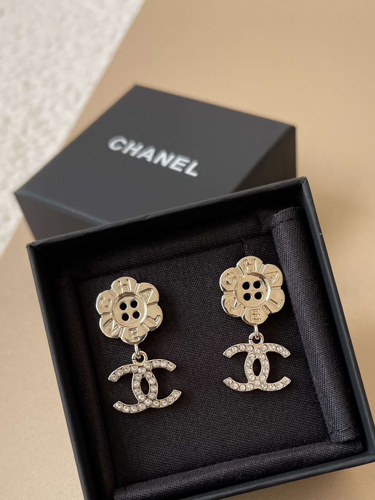 Chanel Flower Button & Crystal CC Pendant Earrings in Gold-Tone