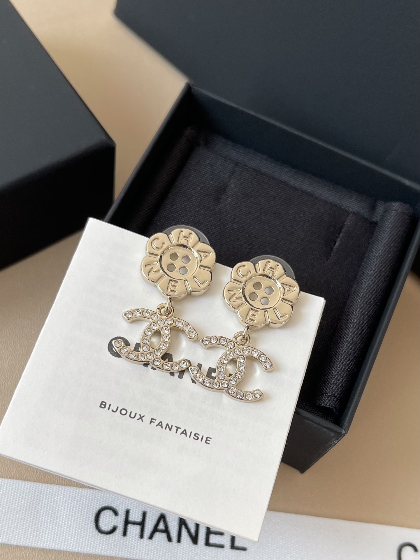 Chanel Flower Button & Crystal CC Pendant Earrings in Gold-Tone