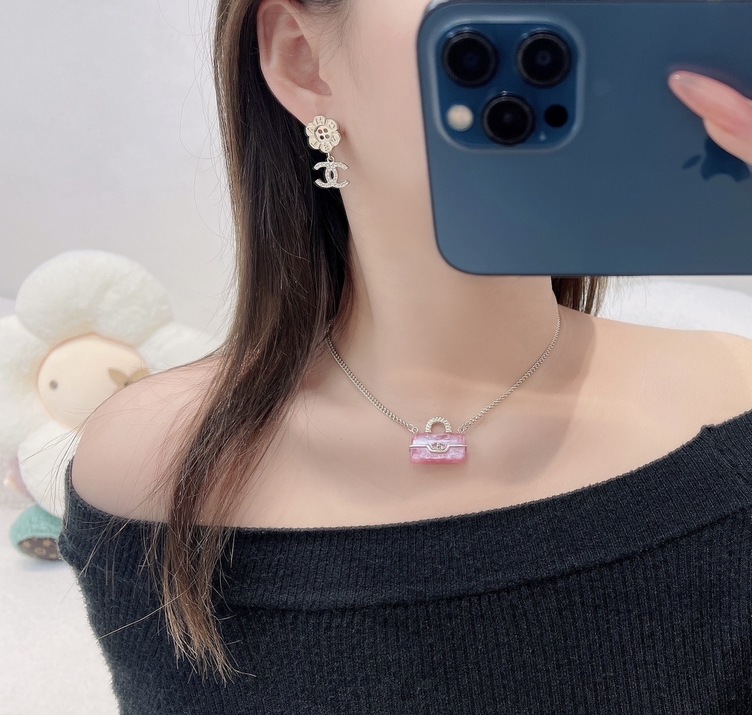 Chanel Flower Button & Crystal CC Pendant Earrings in Gold-Tone