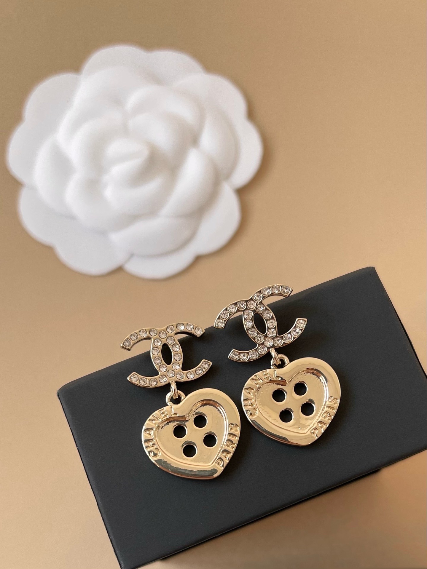 Chanel CC Crystal Heart Button Drop Earrings in Gold-Tone Metal
