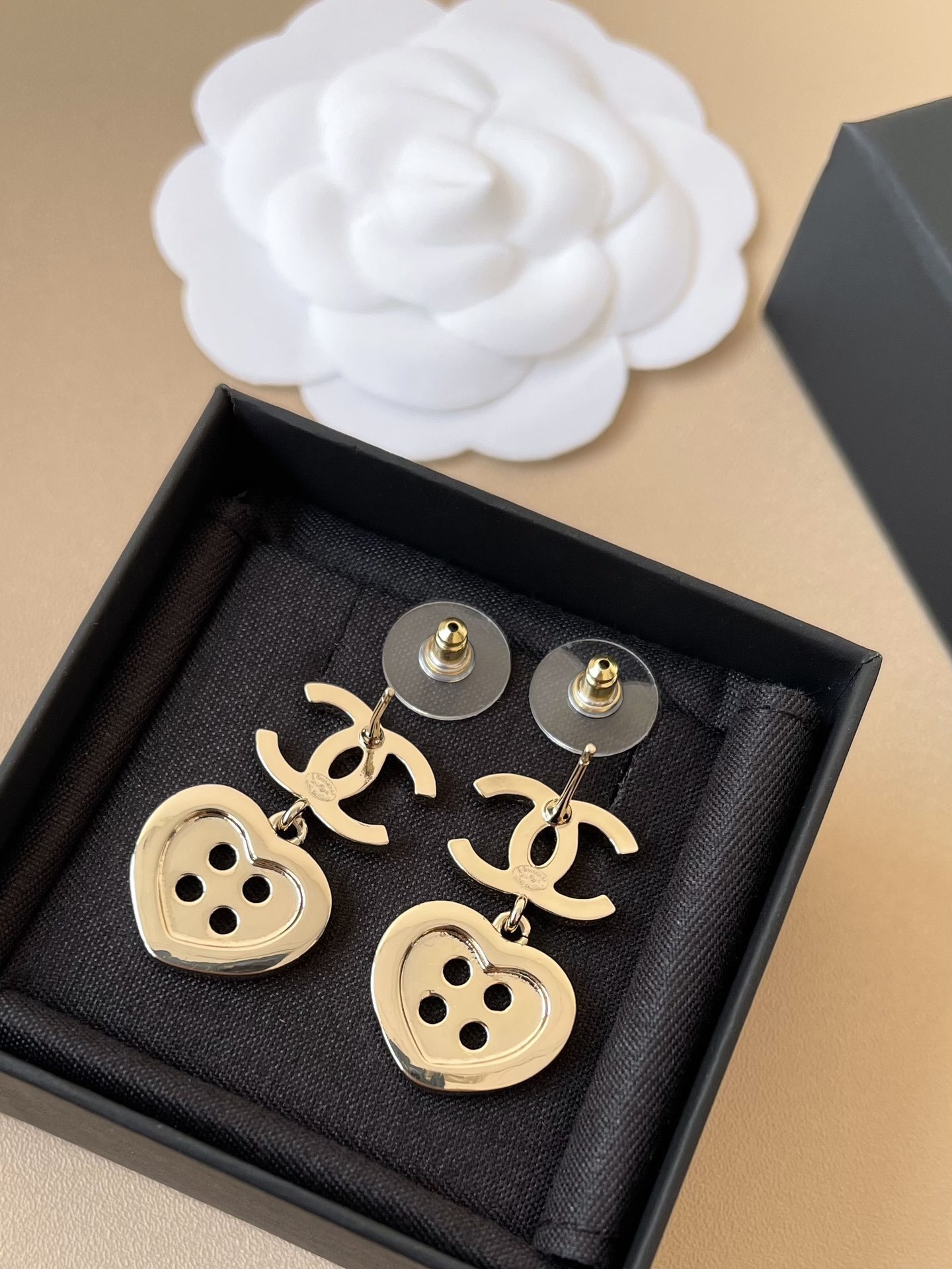 Chanel CC Crystal Heart Button Drop Earrings in Gold-Tone Metal