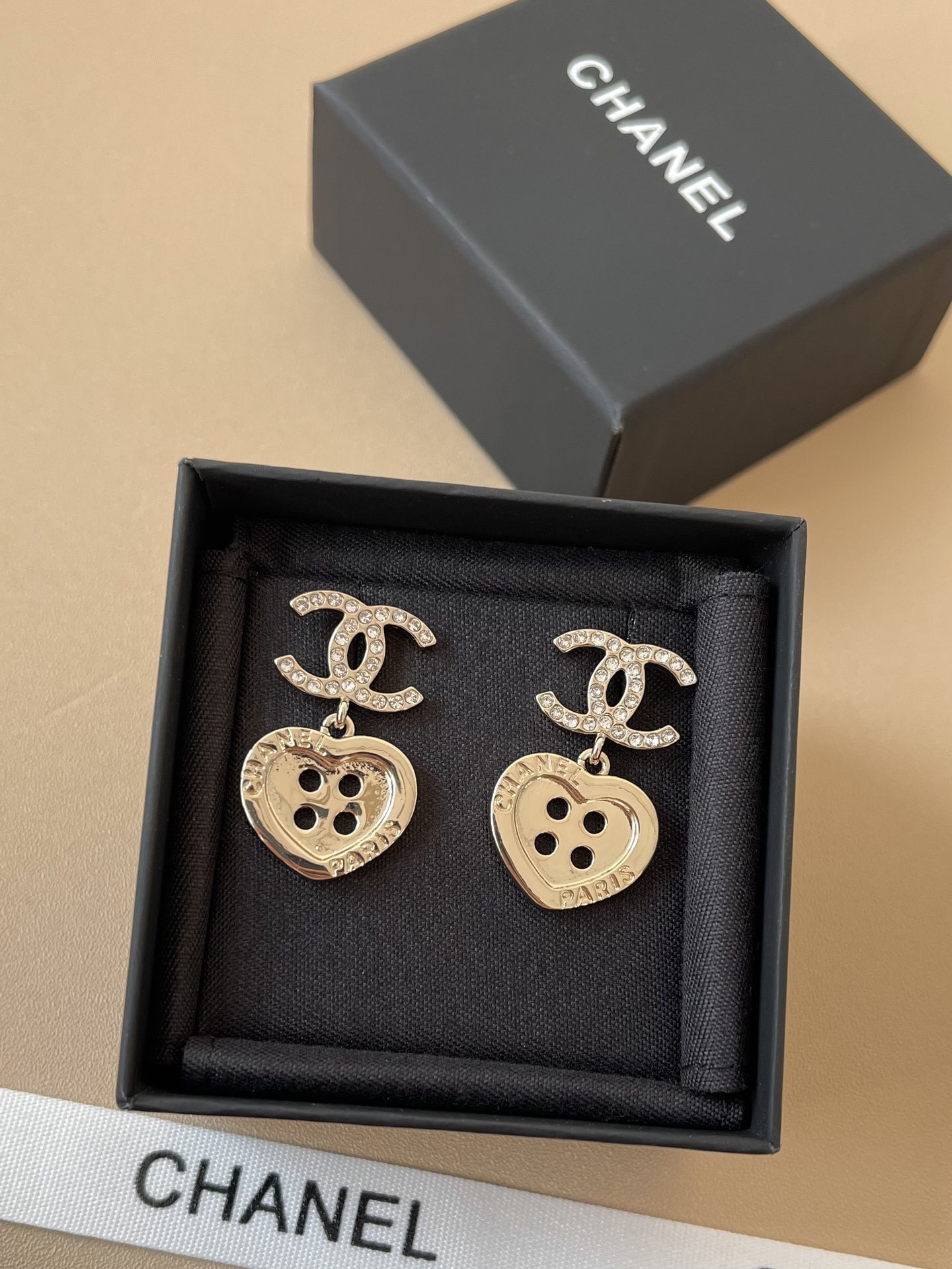 Chanel CC Crystal Heart Button Drop Earrings in Gold-Tone Metal