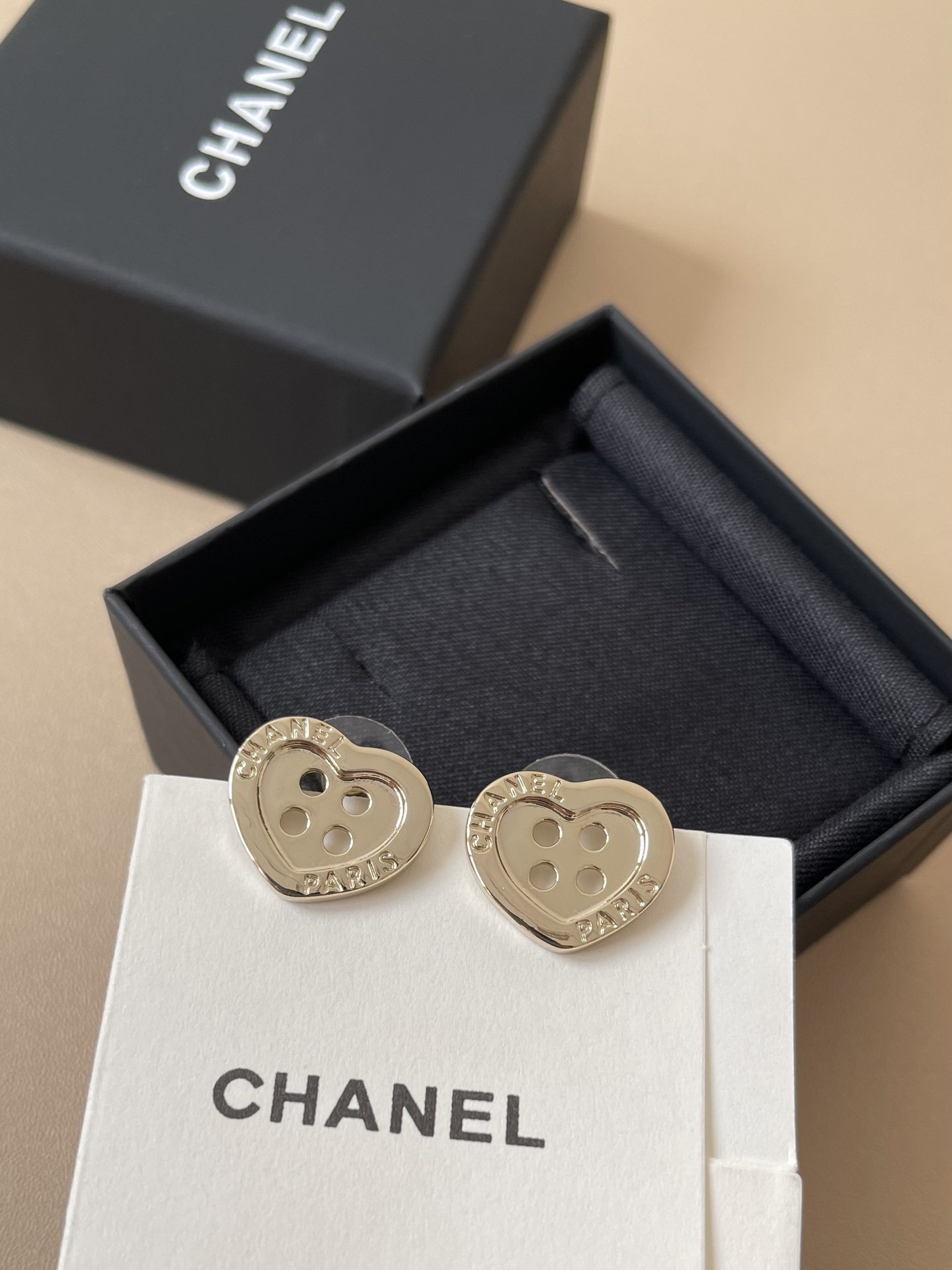 Chanel Gold-Tone Heart Button Stud Earrings - Luxury Designer