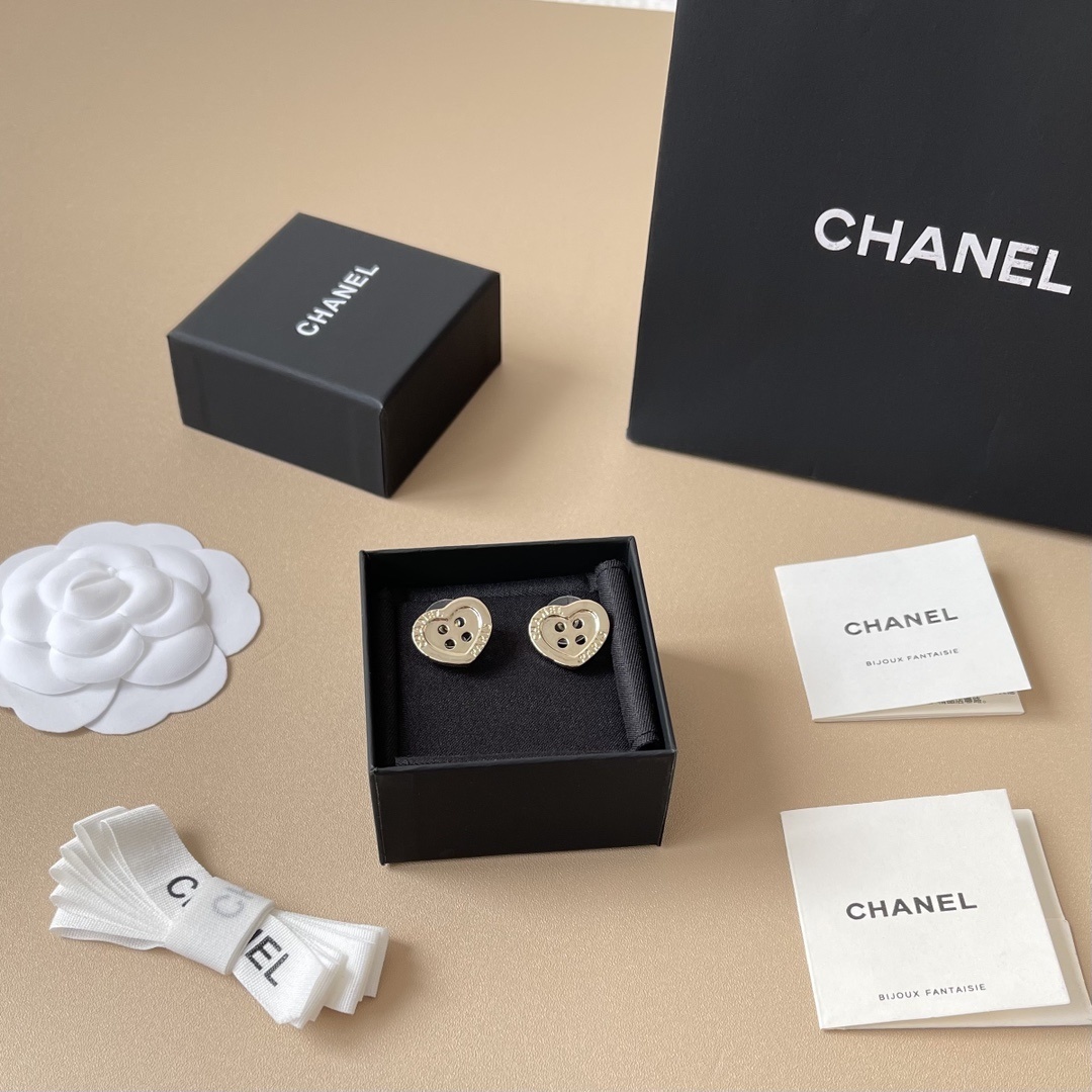 Chanel Gold-Tone Heart Button Stud Earrings - Luxury Designer