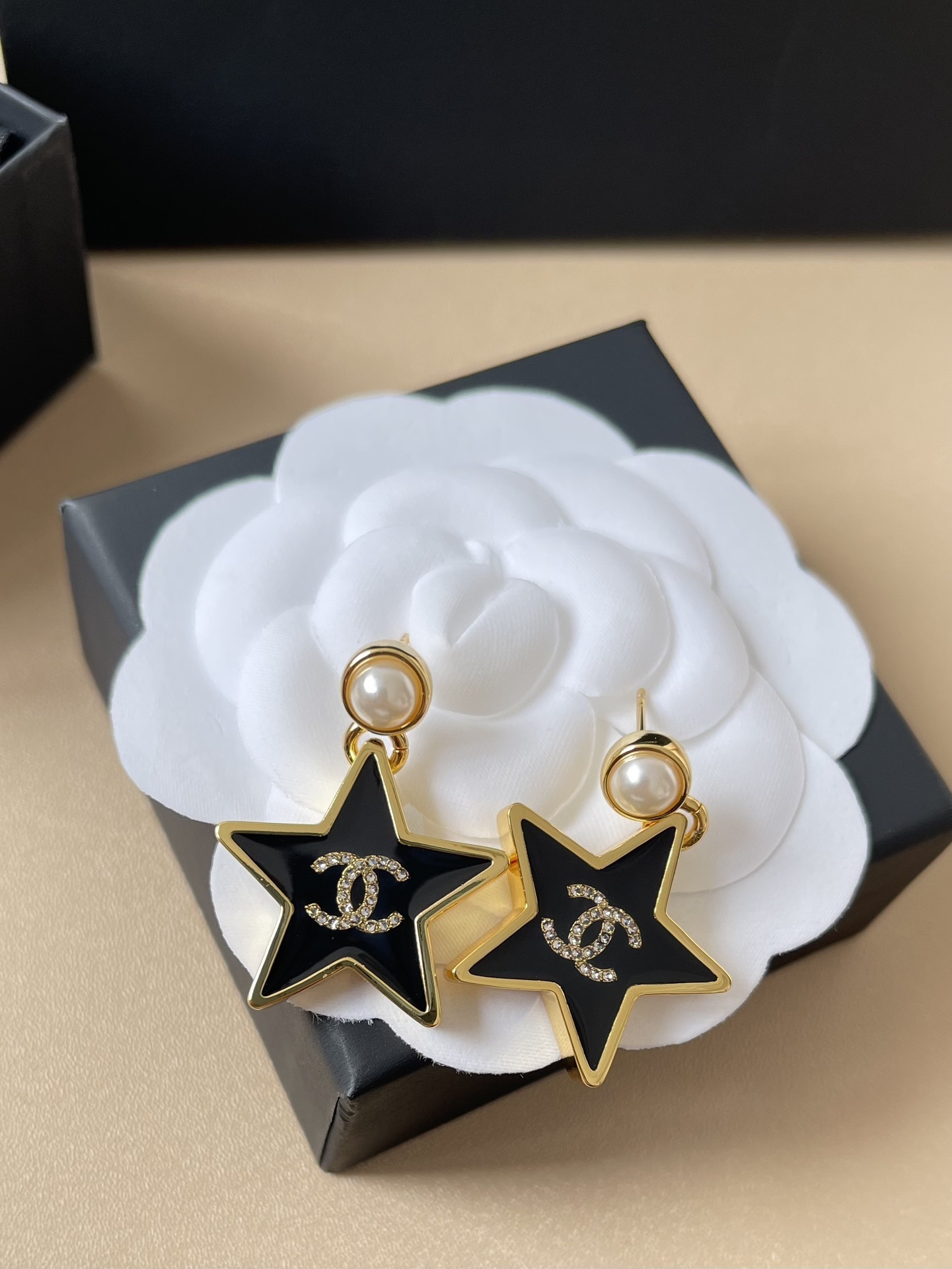 Chanel Black Star Pearl Earrings - Crystal CC Logo Drop Jewelry