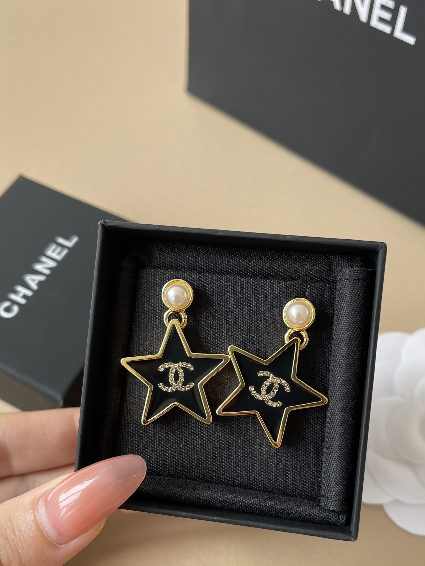 Chanel Black Star Pearl Earrings - Crystal CC Logo Drop Jewelry