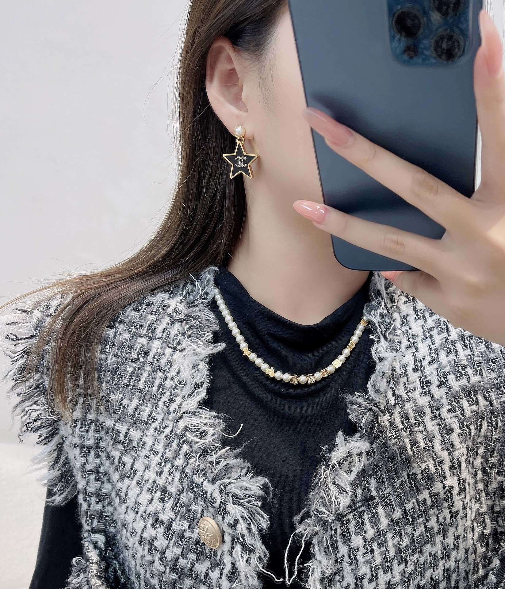 Chanel Black Star Pearl Earrings - Crystal CC Logo Drop Jewelry