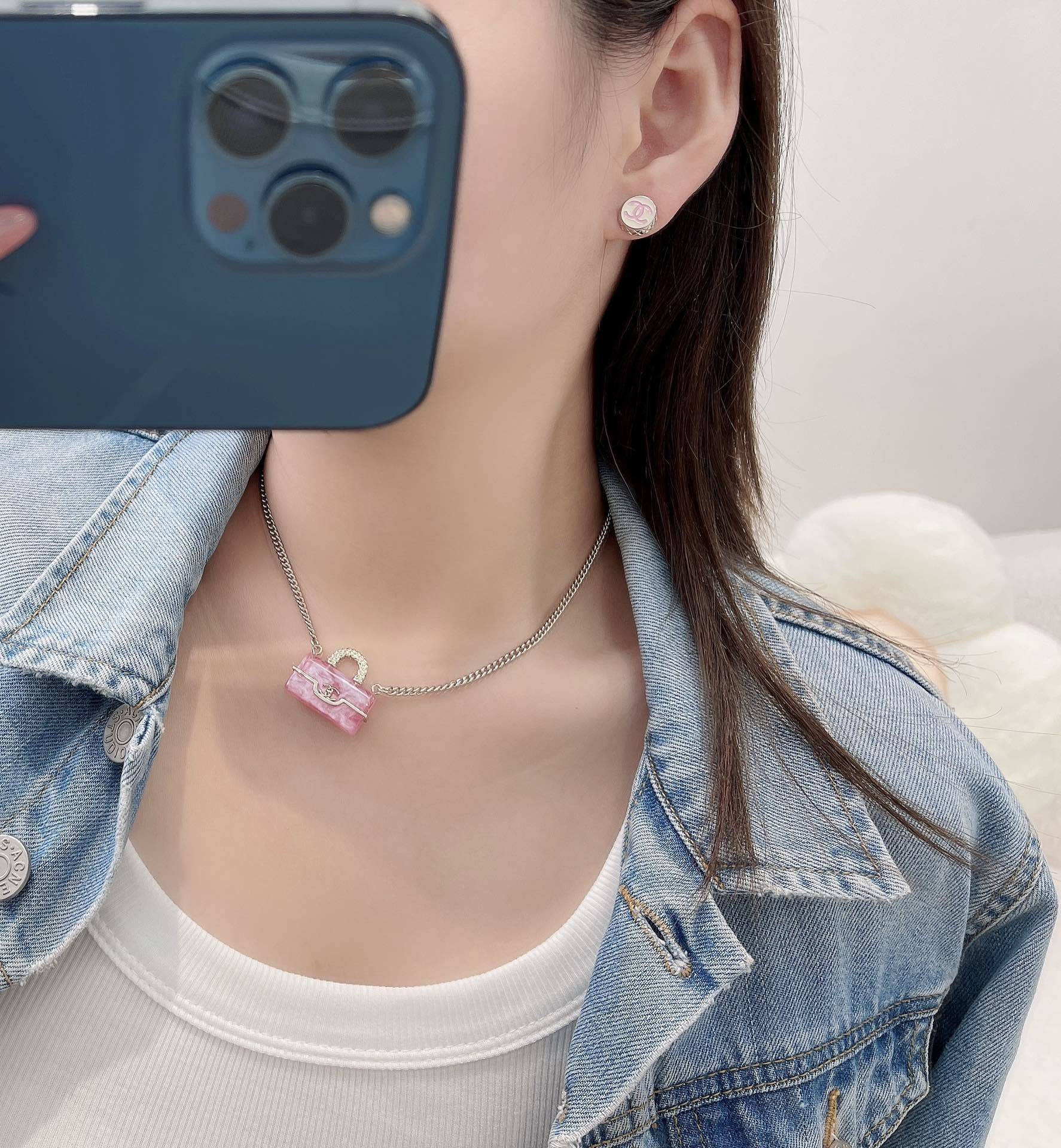 Elegant CC Logo Stud Earrings & Pink Marble Bag Pendant Necklace Set