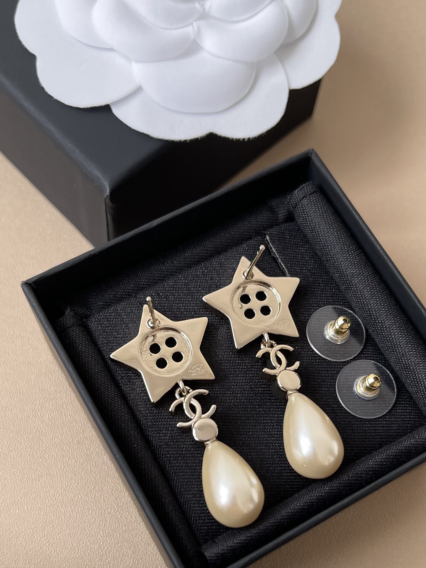 Chanel Gold Star CC Logo & Teardrop Pearl Drop Earrings