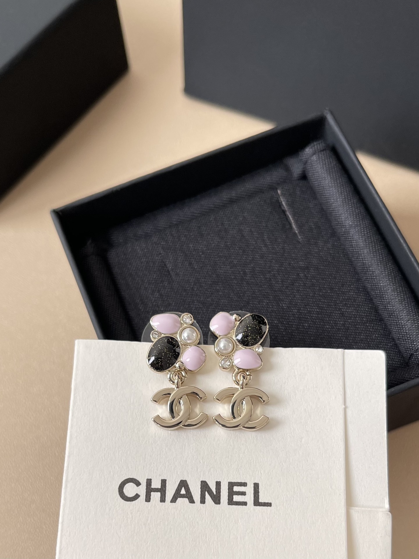 Elegant Chanel CC Drop Earrings with Pink & Black Stones and Pearls