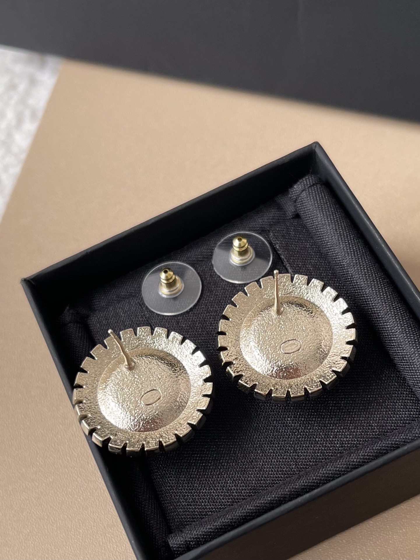 Luxury Chanel CC Logo Halo Earrings with Black Enamel & Crystals