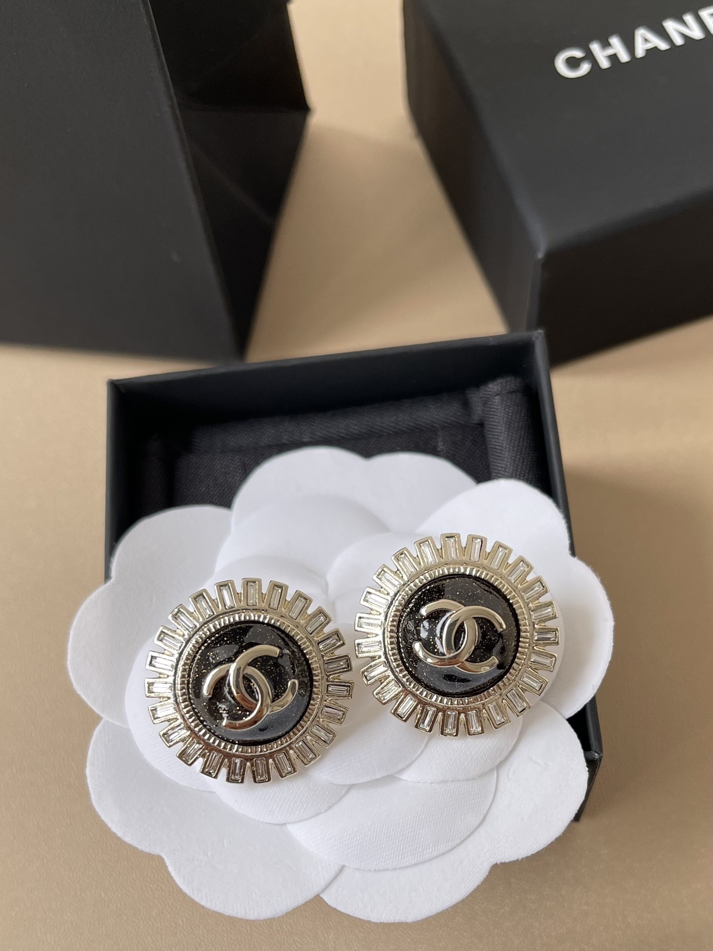 Luxury Chanel CC Logo Halo Earrings with Black Enamel & Crystals