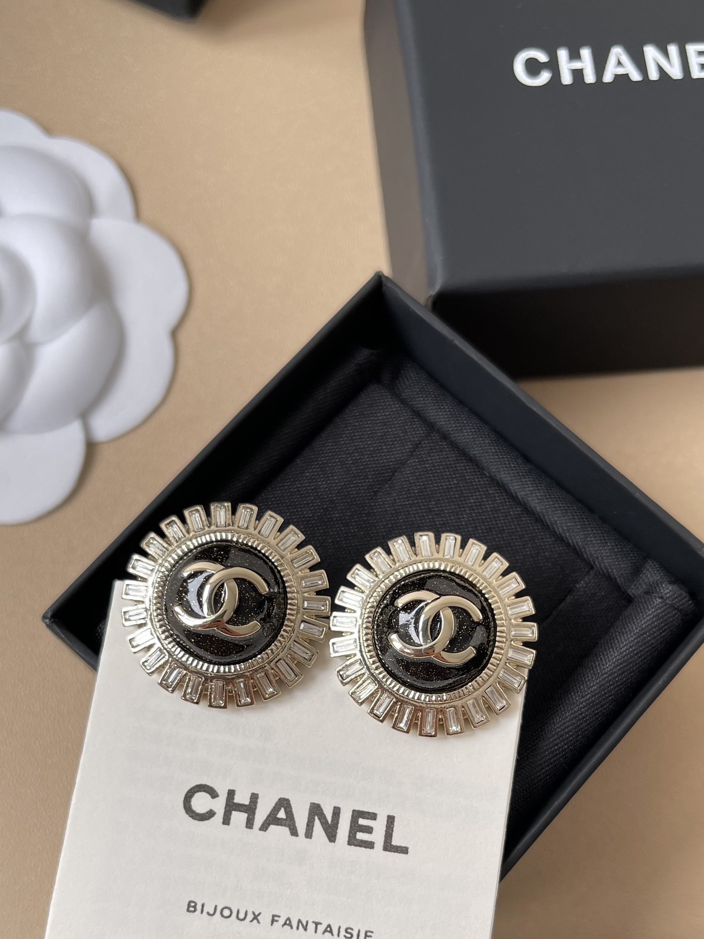 Luxury Chanel CC Logo Halo Earrings with Black Enamel & Crystals