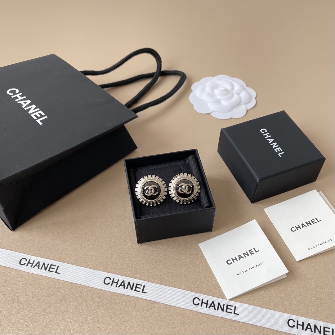 Luxury Chanel CC Logo Halo Earrings with Black Enamel & Crystals
