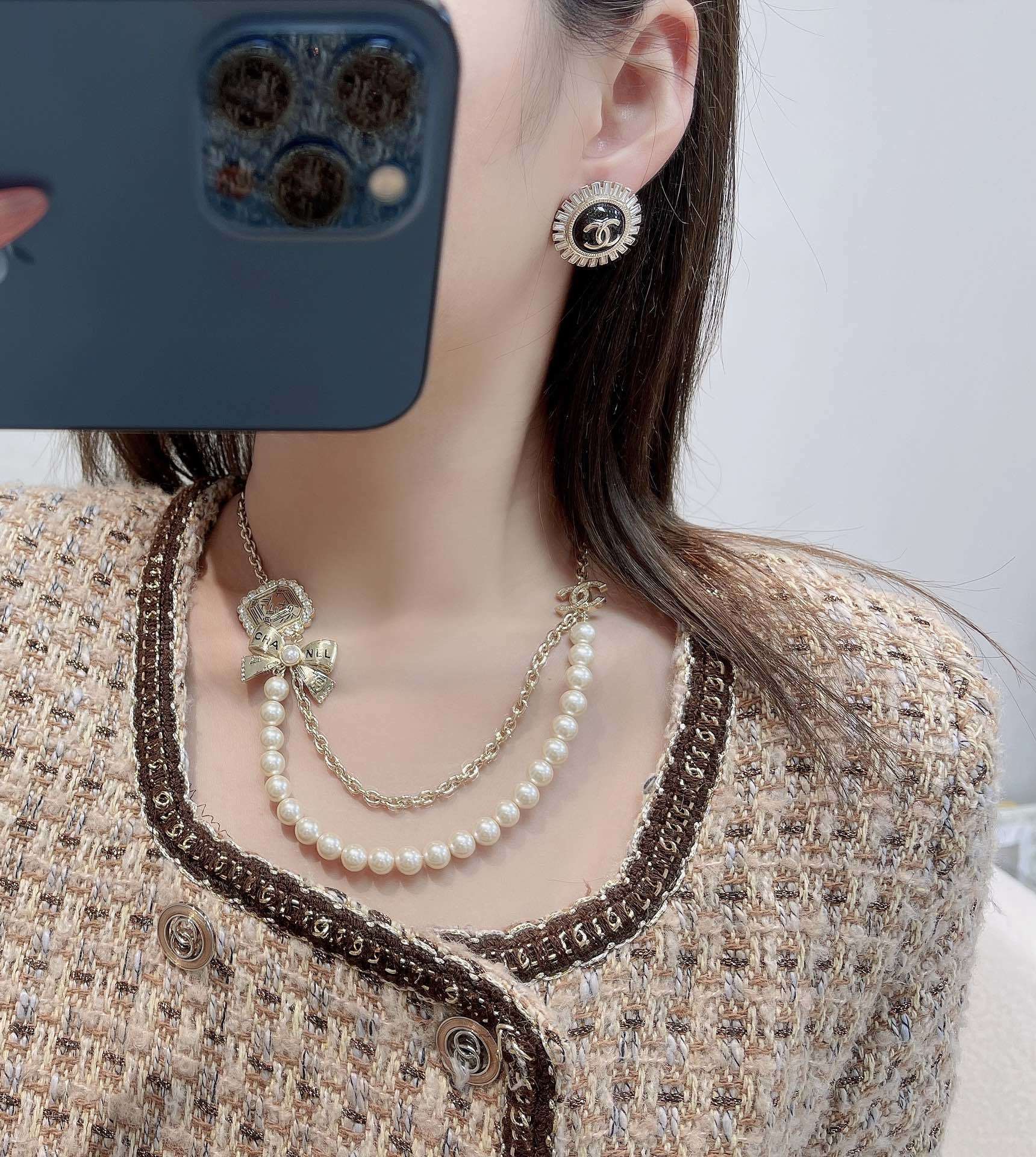 Luxury Chanel CC Logo Halo Earrings with Black Enamel & Crystals