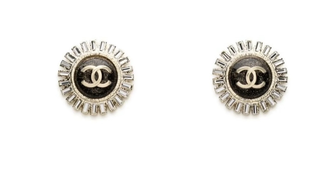 Luxury Chanel CC Logo Halo Earrings with Black Enamel & Crystals