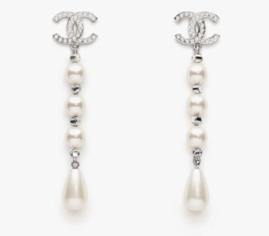 Elegant Crystal CC Logo Pearl Drop Earrings – Teardrop Dangle
