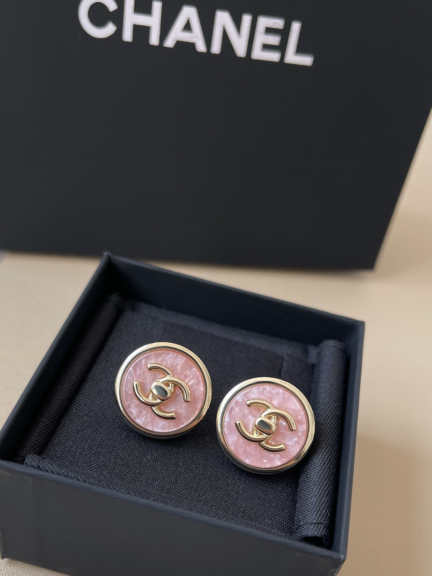 Chanel CC Logo Pink Stud Earrings Gold-Tone Luxury Jewelry